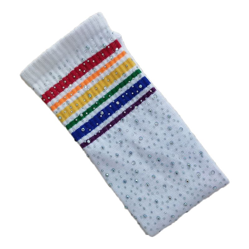 Chaussettes hautes aux genoux pour enfants, nouvelle , chaussettes chaudes à rayures colorées avec strass, décoration, bas pour filles, Tube Long: W
