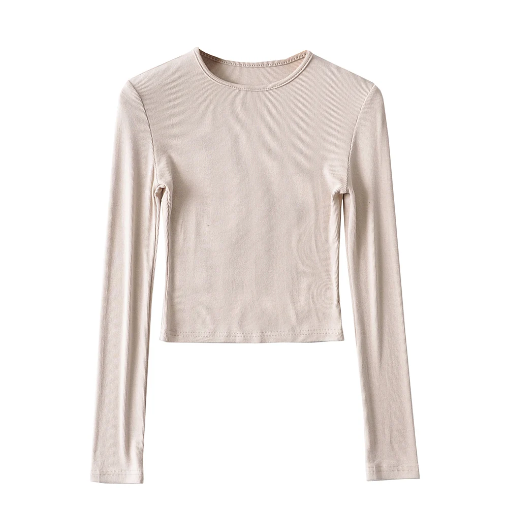 O-hals ensfarvede kvinder langærmede korte toppe sexet pullover bundbluser t-shirt crop top: S / Khaki