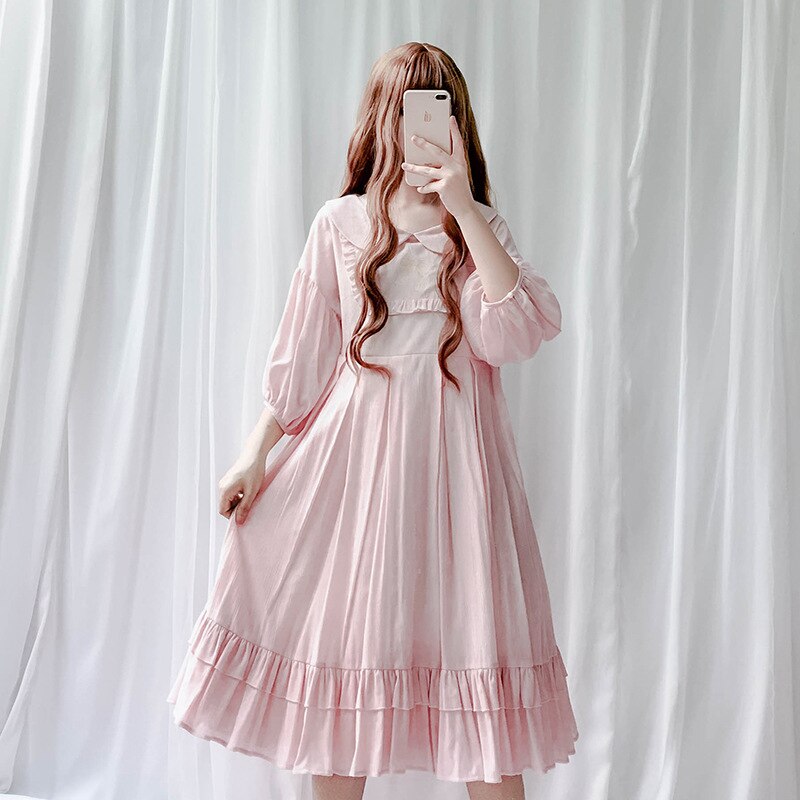 JSK Japan Style Lolita doll collar dress Vintage babydoll dress bishop sleeve Juicy pleated dress