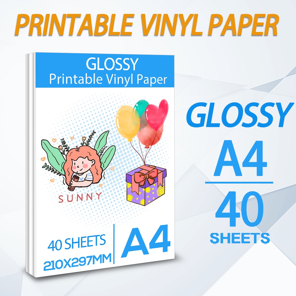 40 Sheets Self-Adhesive Printable Vinyl Sticker Paper A4 Glossy Copy Paper for All Inkjet printer for DIY Daily life Cup