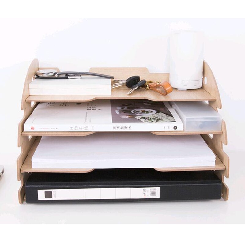 Diy træ håndlavet skrivebord arrangør kontor skoleartikler skrivebord tilbehør arrangør 4 lag arkfad bogholder