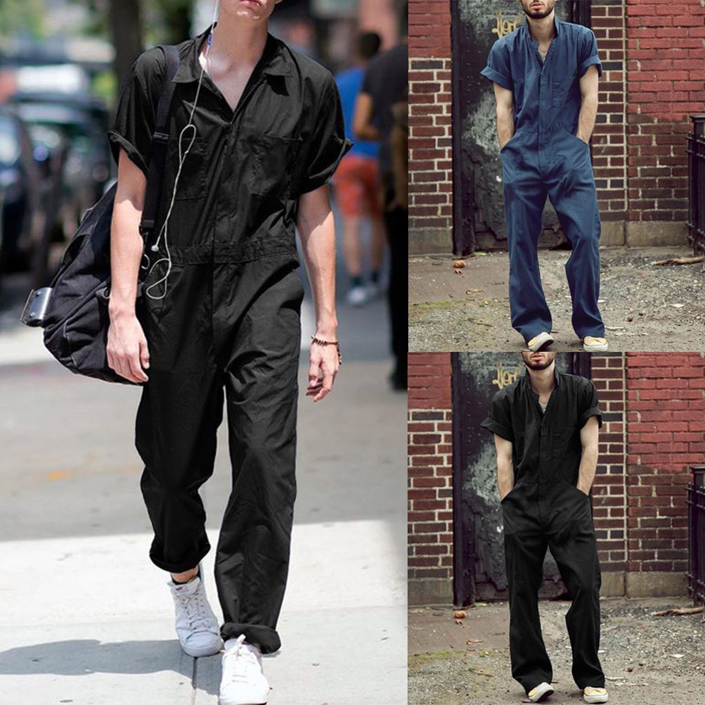 Mannen Overalls Jumpsuit Cargo Overalls Korte Mouw Jumpsuits Joggers Chic Rits Rompertjes Street Style Casual Mannen Kleding