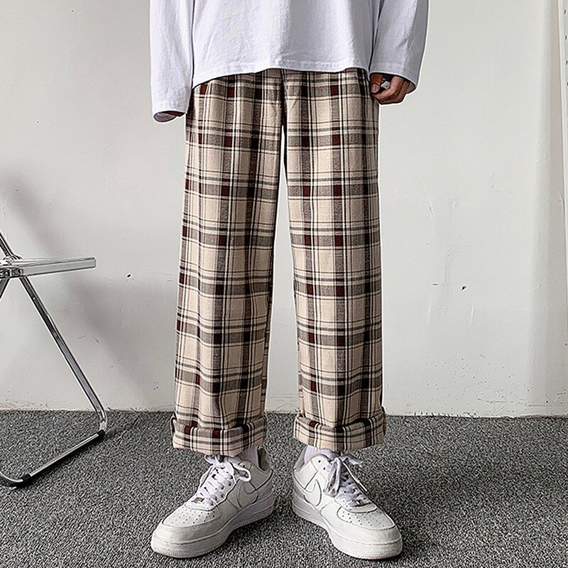 Dihope – pantalon à carreaux pour homme, ample, confortable, rétro, décontracté, taille élastique, Chic, jambes larges, Streetwear, Style coréen: L / Khaki