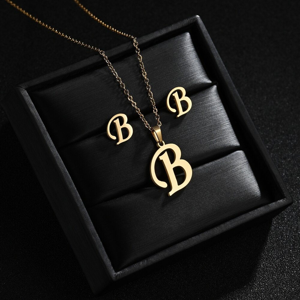A-Z Edelstahl Ersten Halskette Und Ohrringe Schmuck Sets Alphabet Anhänger Kette Brief Zubehör: B