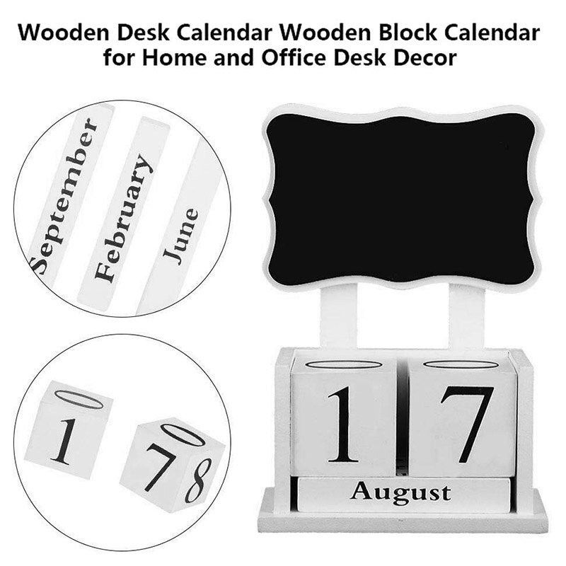 Wooden Block Calendar with Chalkboard - White - Organizer and Planner - Perpetual Desk Calendar