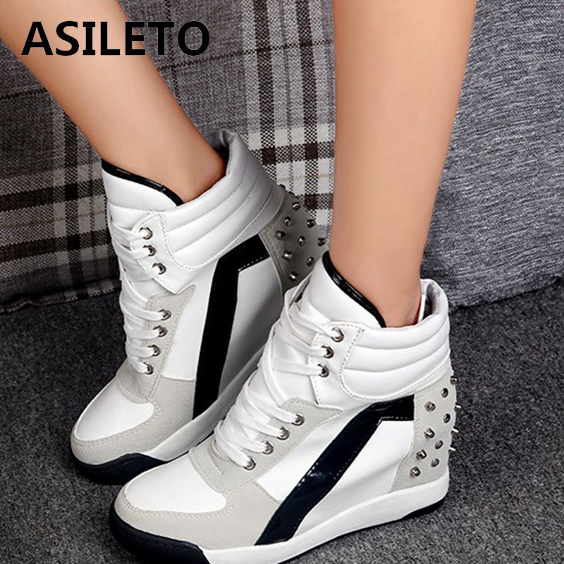 Asileto dam högklackat skor dam sneakers komfortnit dold kilklack hög topp  t349