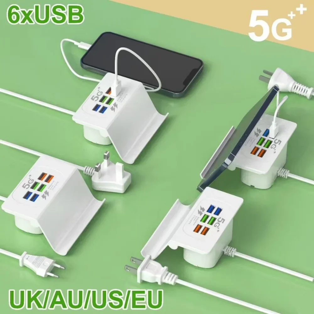 6- ports usb-opladerstation, opladestation til flere enheder, multi-usb-natbordsopladerstation med telefonholder