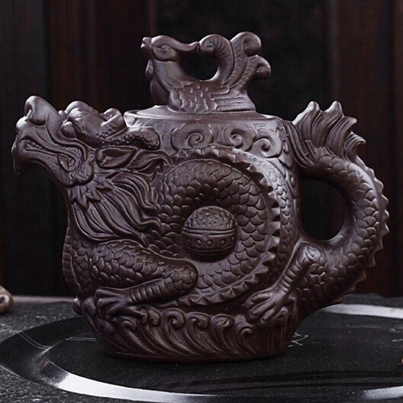 Teapot Dragon and Phoenix Tea Pot Big Capacity Purple Clay Tea Set Kettle Kung Fu Teapot (Black)