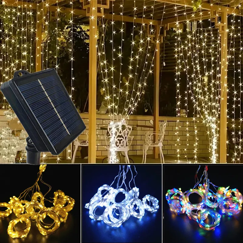 600/300/200/100LED luces de cortina solares luces de hadas al aire libre luces LED decoraciones de boda de Navidad luces de cadena decoración de jardín