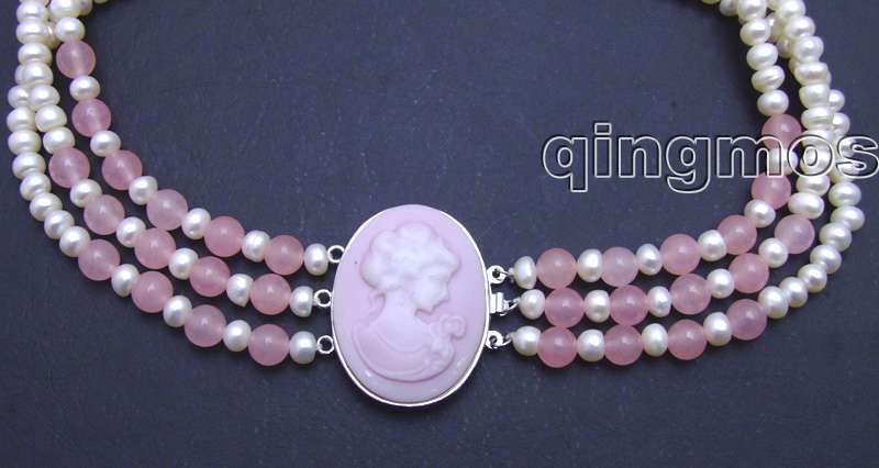 Femmes bijoux 6-7mm blanc naturel d'eau douce plat perle 3 brins collier avec grand rose beauté fermoir-5199