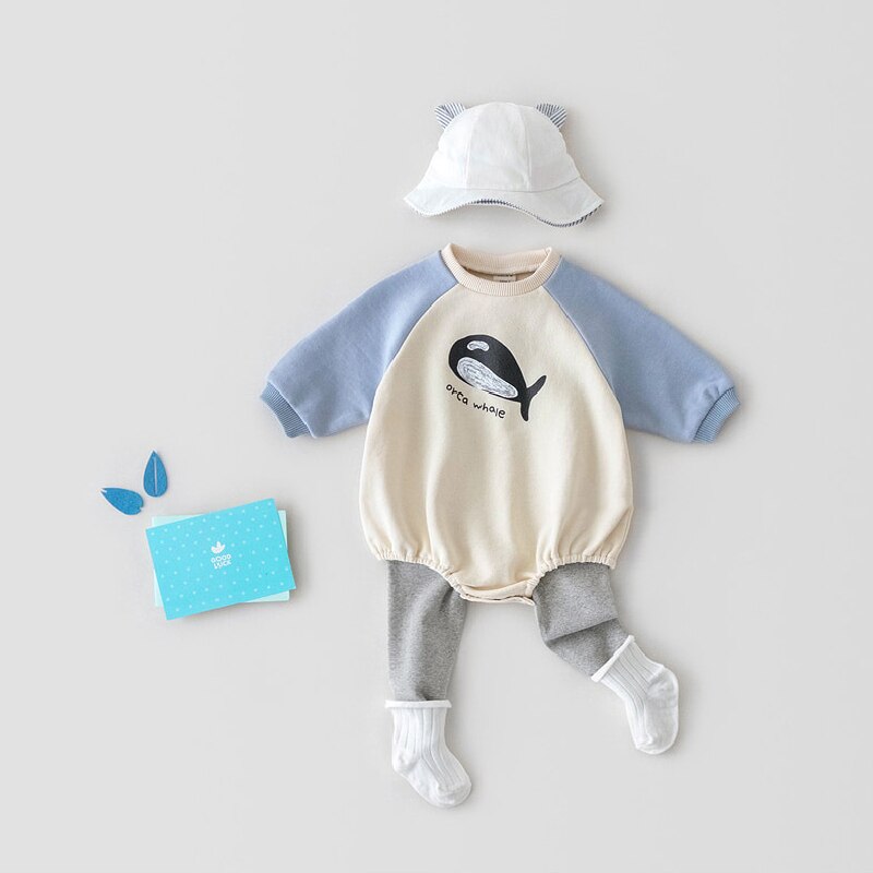 0-2y babybodys für mädchen, niedlicher Overall mit Karikatur-drucken, Patchwork-Entwurf, lange ärmel, kinderkleidung, jungenoutfits