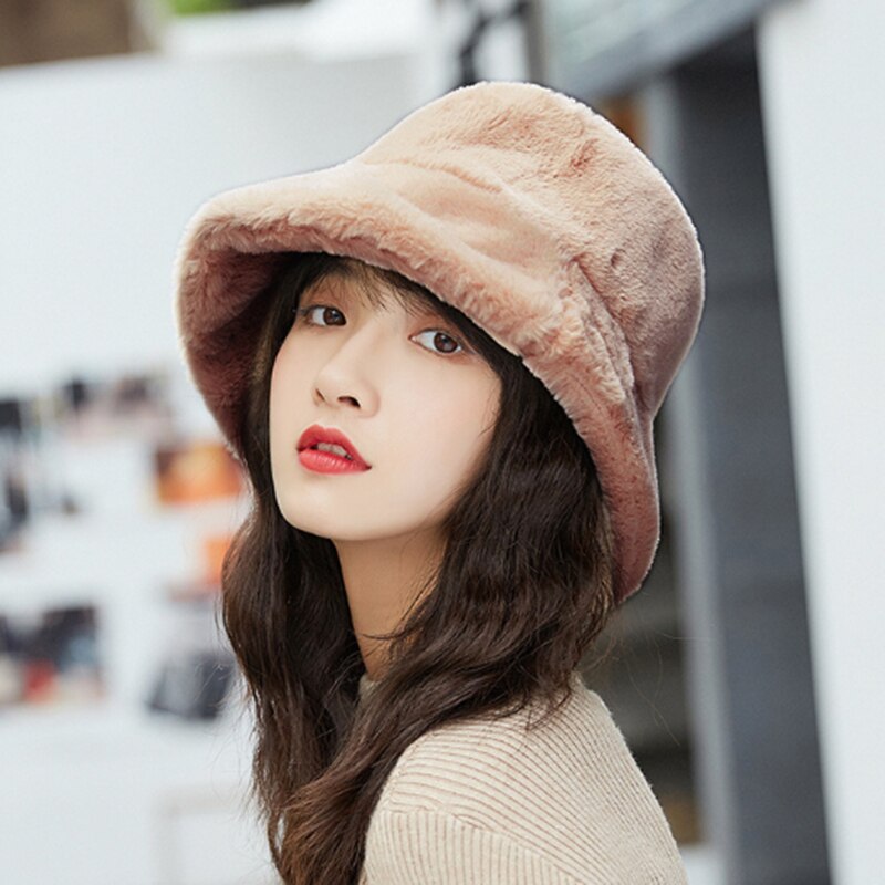 Chique dames hoeden winter reizen gorros pluche imitatiebont brede rand dik warm effen koud emmer pet hoofdaccessoires: Khaki