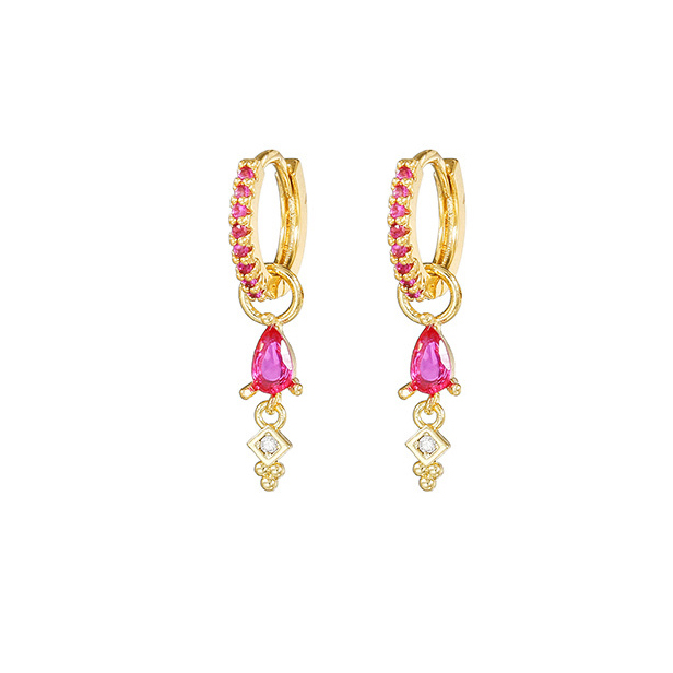 Pendiente de aro de gota de agua de acero inoxidable con circonita roja y rosa de lujo para mujer, joyería Huggie chapada en oro de 18 quilates, pendientes para mujer: Rodio plateado