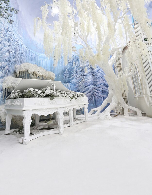 5X7ft Vinyl Fotografie Hintergründe Klavier Winter Schnee Baum Weiß Boden Hochzeit Art Fotografische Hintergründe für Foto Studio