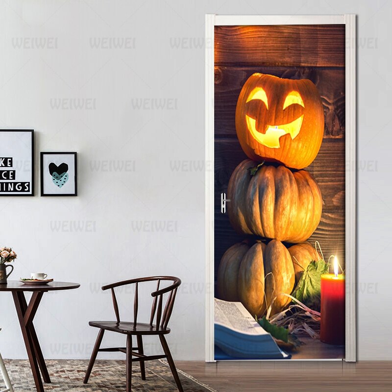 3D Halloween Pumpkin Light Door Sticker Wallpaper PVC Waterproof Self-adhesive Living Room Door Decor Decal Detachable 3D Mural