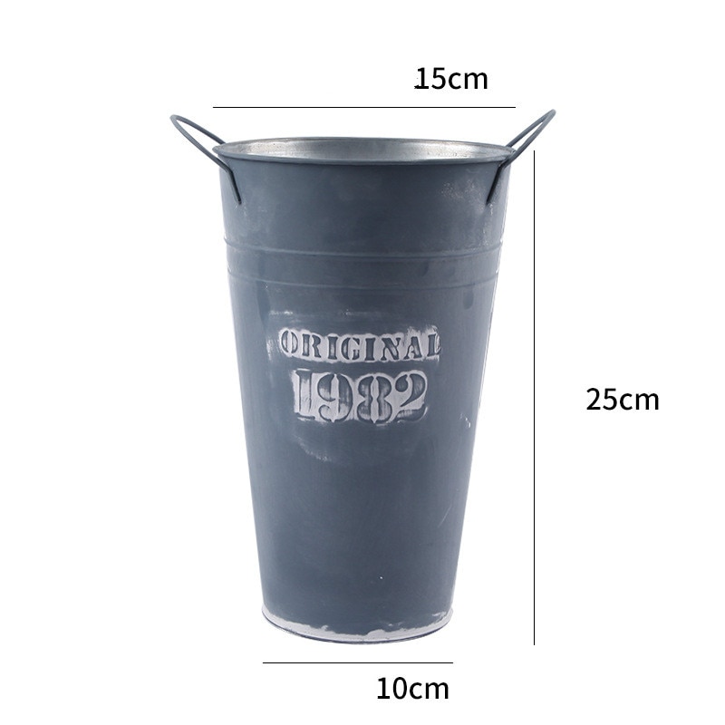 Retro White Flower Bucket Metal Flower Pot Floral Plants Iron Storage Container Garden Home Tabletop Decoration: grey 15 x 25cm