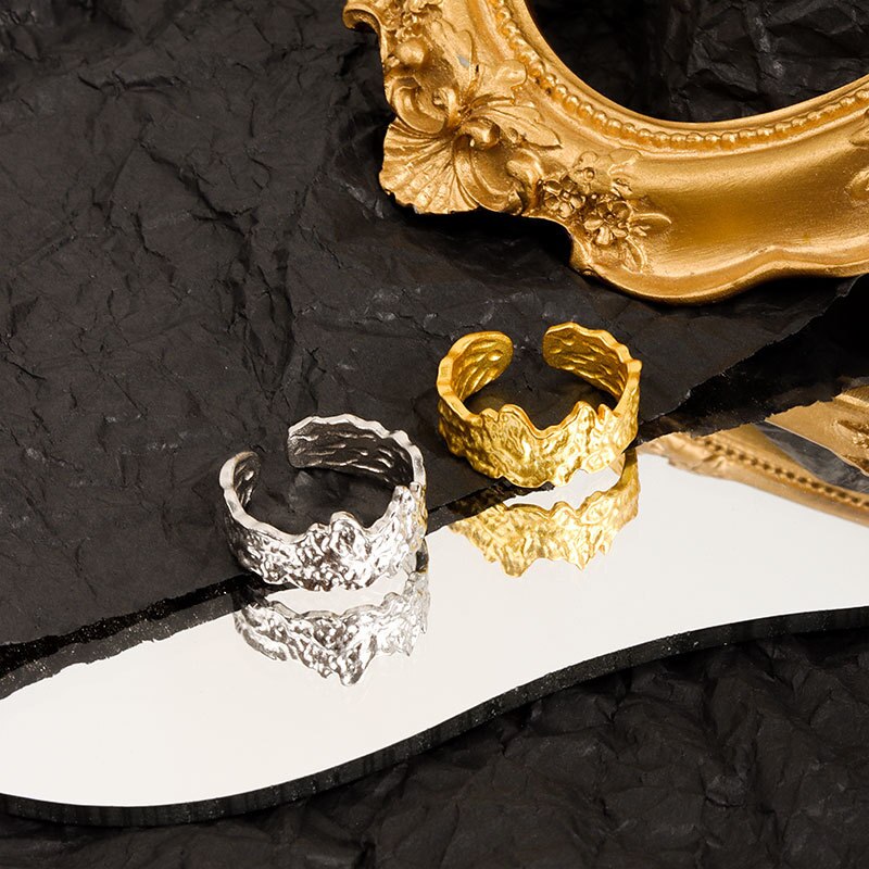 925 Sterling Silber Unregelmäßige Unebene Oberfläche Textur Folie Papier aufbringen Offenen Ring Frauen Handgemachtes