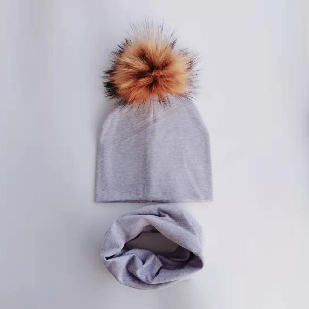 Kinderen Pom Pom Hoed Herfst Winter Baby Hoed Meisjes Jongens Cap Kids Beanie Bonnet Kraag Sjaal Set Baby Cap fotografie Props: 2 light gray