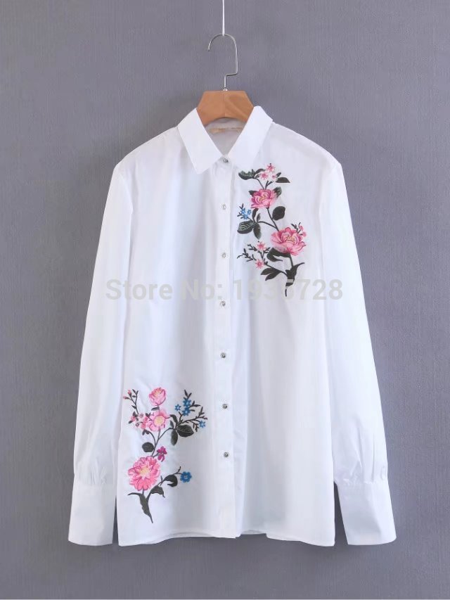 Newest Long Sleeve Printed Flowers Embroidered White Blouse Shirt - Wishbop Women's Shirts And Blouses Aw