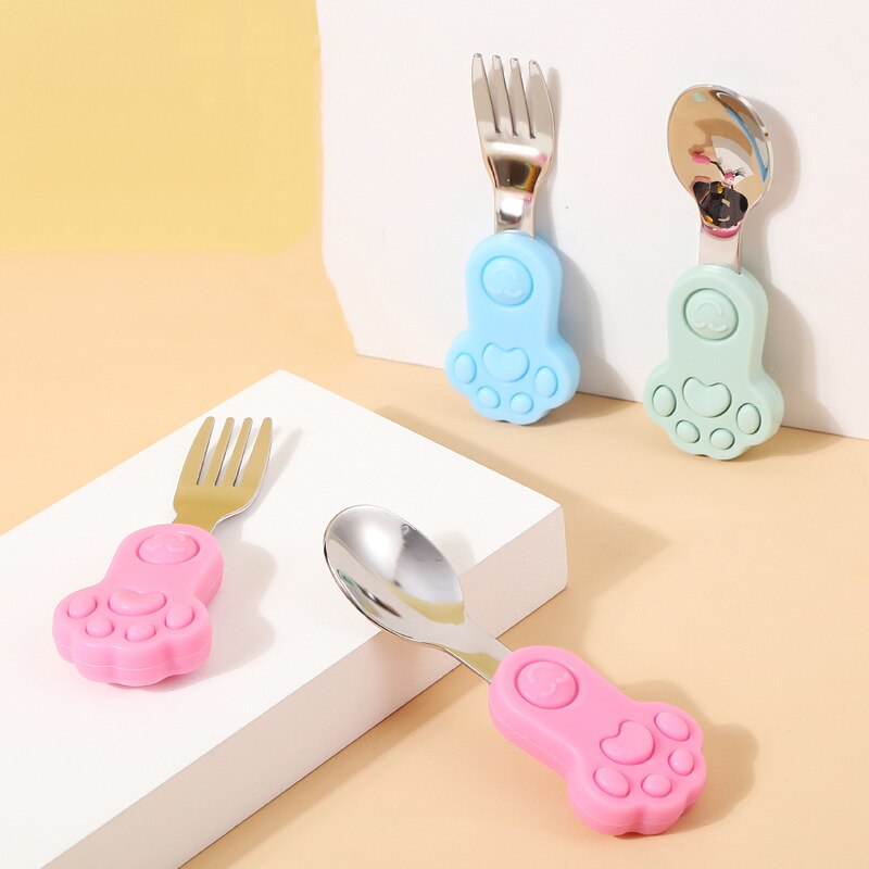 2Pcs Baby Spoon Fork Set Silicone Feeding Spoon Kids Cutlery Short Handle Children Tableware Training Stainless Steel Fork Spoon