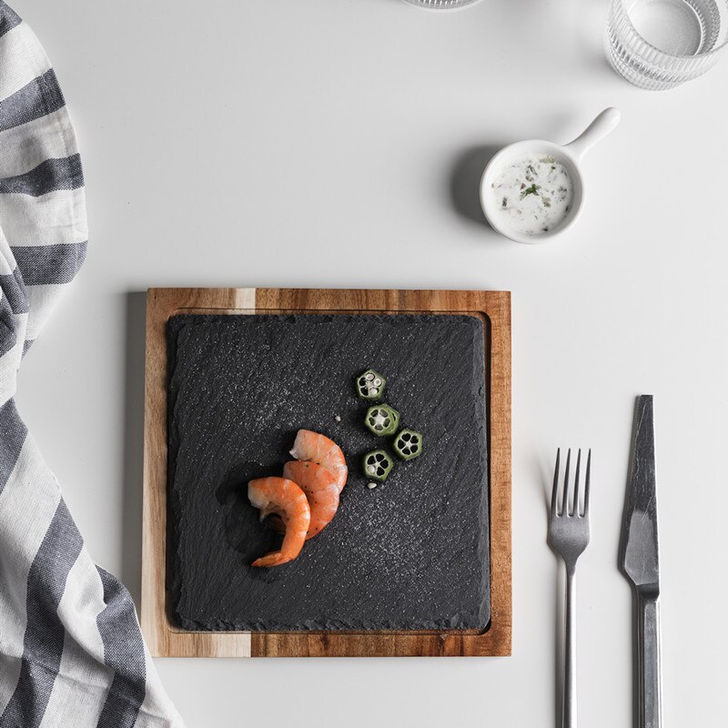 Naturlig træplade med skifer stenbakke køkken sushi bbq plade pad bøf dessert kage bakke køkken fad restaurant forsyninger