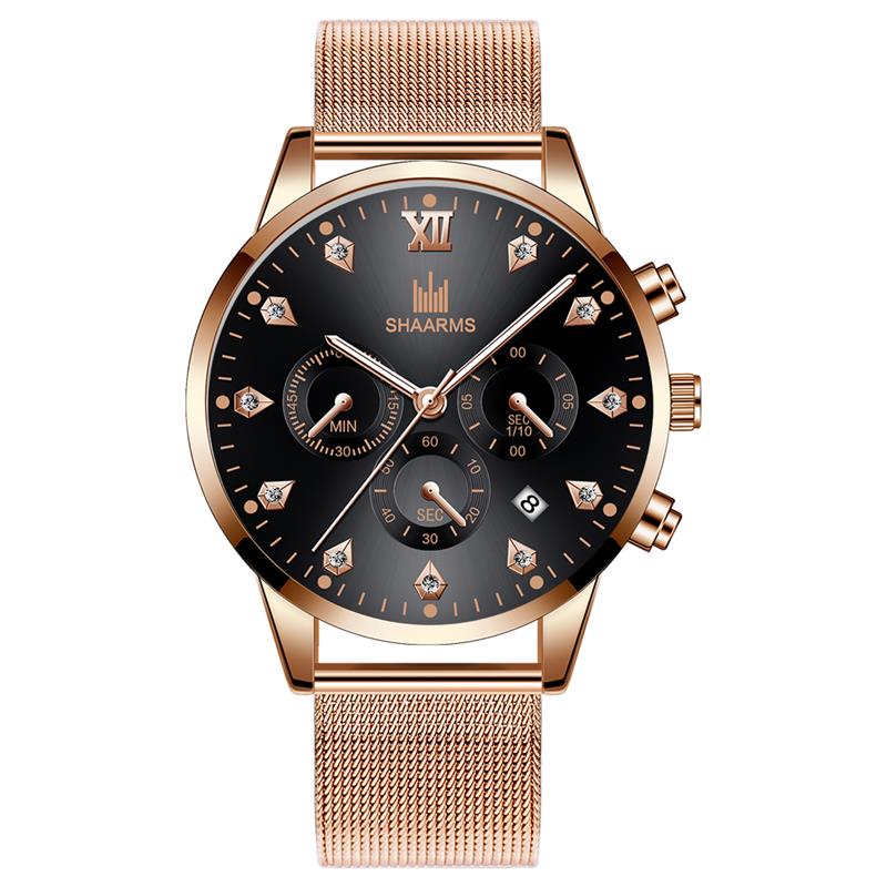 SHAARMS Men's Wristwatch Blue DialCasual Quartz Watch Stainless Steel Mesh Band Watch Date Clock Reloj Hombre