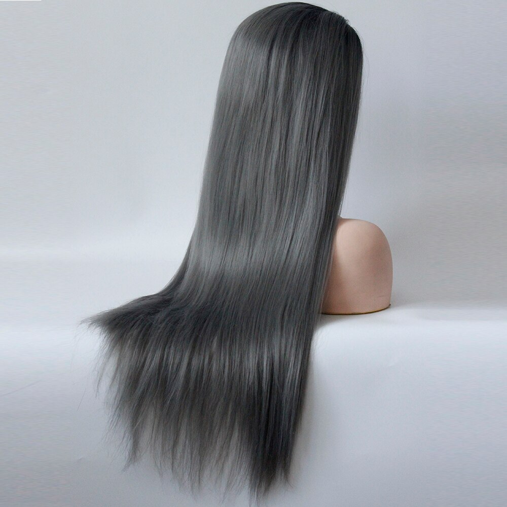 Pelucas de pelo largo y liso para mujeres negras, pelo negro ombré, parte media, encaje sintético atado a mano, Frente, Natural