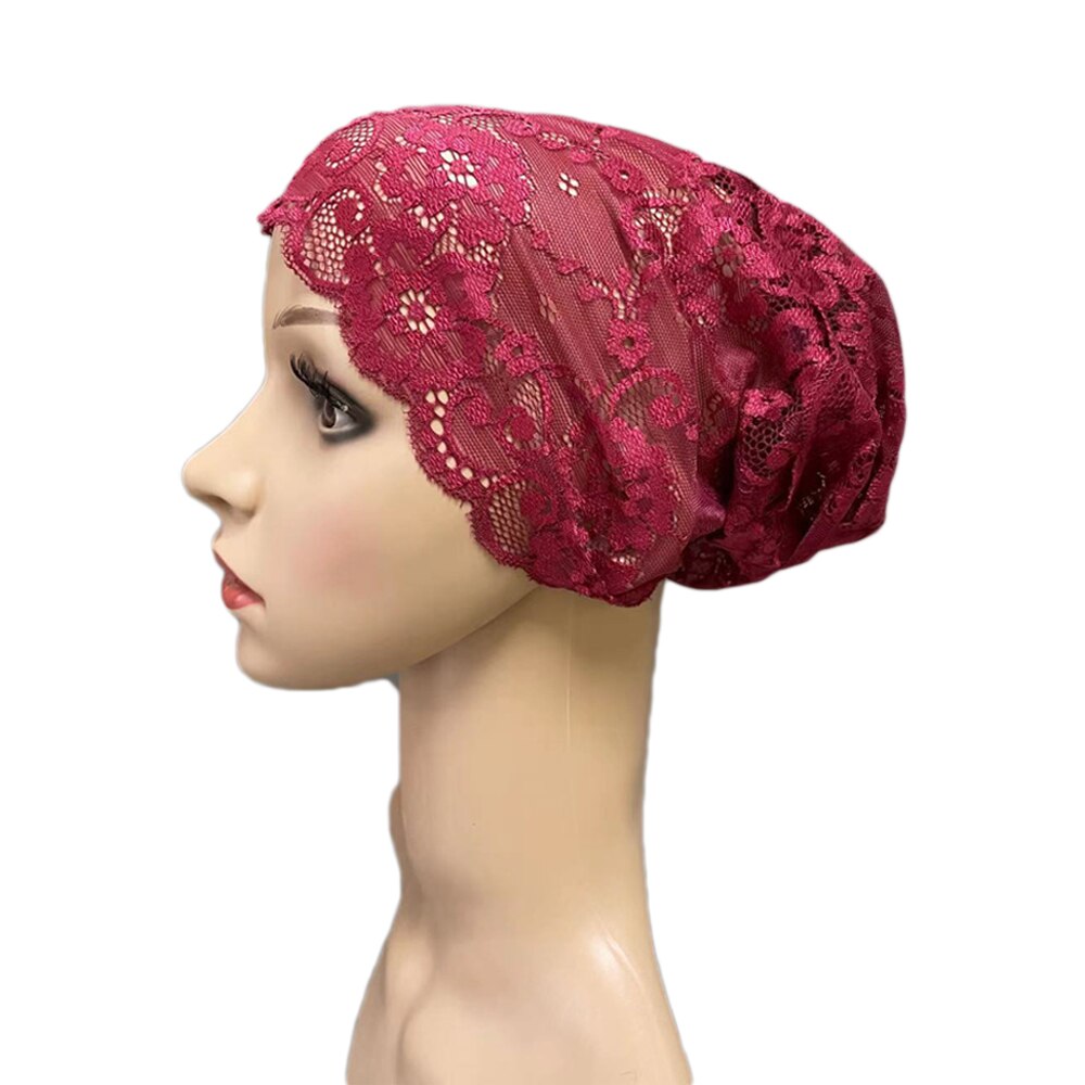 Gorro de tubo de cobertura completa para mujer, gorro interior musulmán con flores de encaje, pañuelo para la cabeza, sombrero islámico árabe, gorrito indio, turbante: 10 Wine Red
