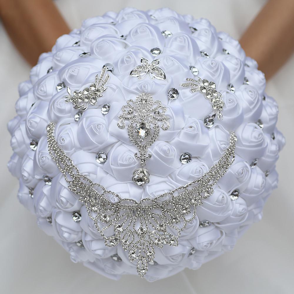 Janevini 30cm store hvide brudebuketter satin roser håndlavede blomster luksus krystal sommerfugl smykker bryllup buket tilbehør: Hvid