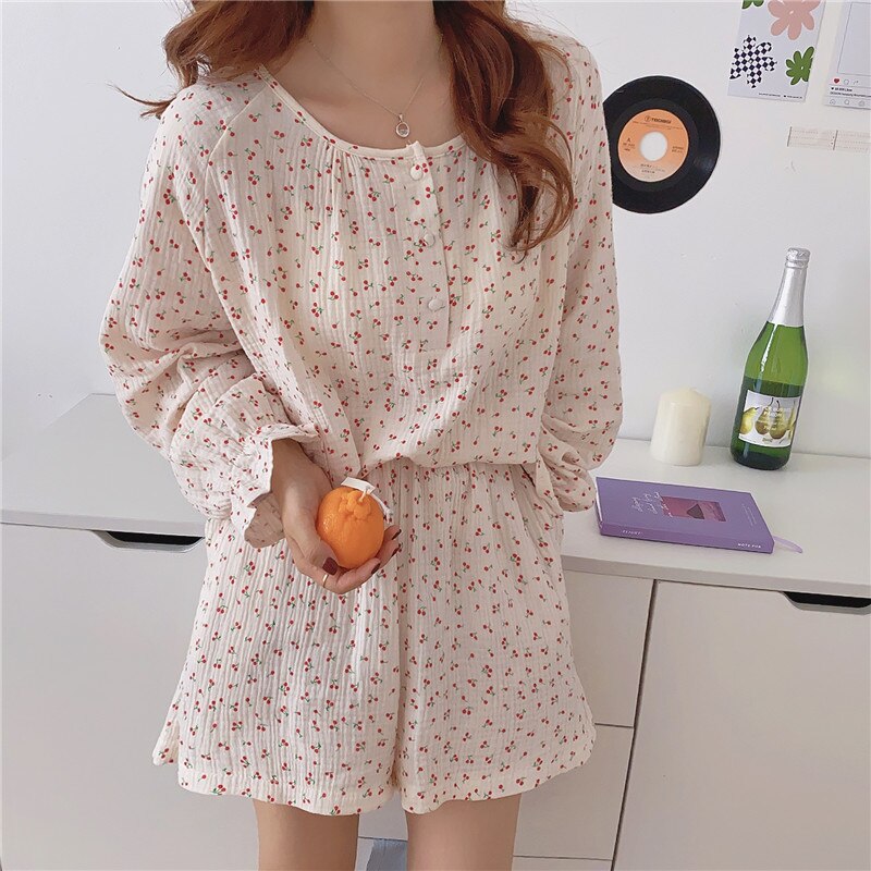 Conjunto de pijama coreano para Mujer, ropa de dormir de hilo de algodón con estampado de cereza, Top de manga larga y pantalones cortos con volantes, transpirable, agradable a la piel, S1029: L