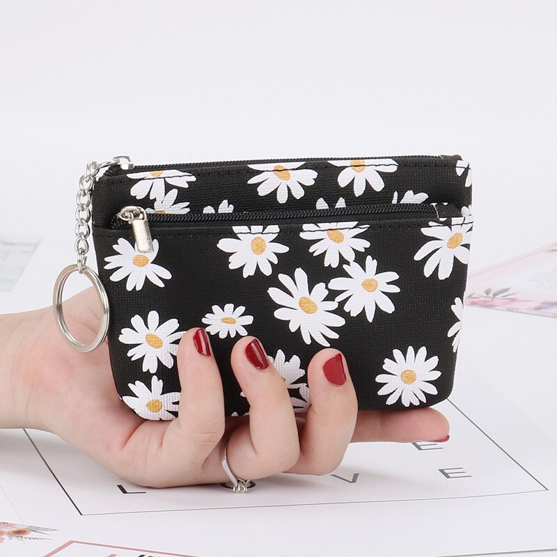 Piccolo portamonete Daisy stile fresco donne ragazze conveniente portachiavi squisito Mini sacchetto di alta qualità bella cerniera portamonete: Black