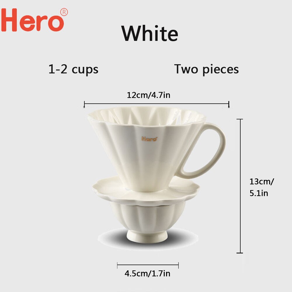 Taza de café con filtro de cerámica, motor de goteo de café de cerámica, 2 tamaños, V60, con soporte separado para 1-4 tazas: White 1-2 Cups