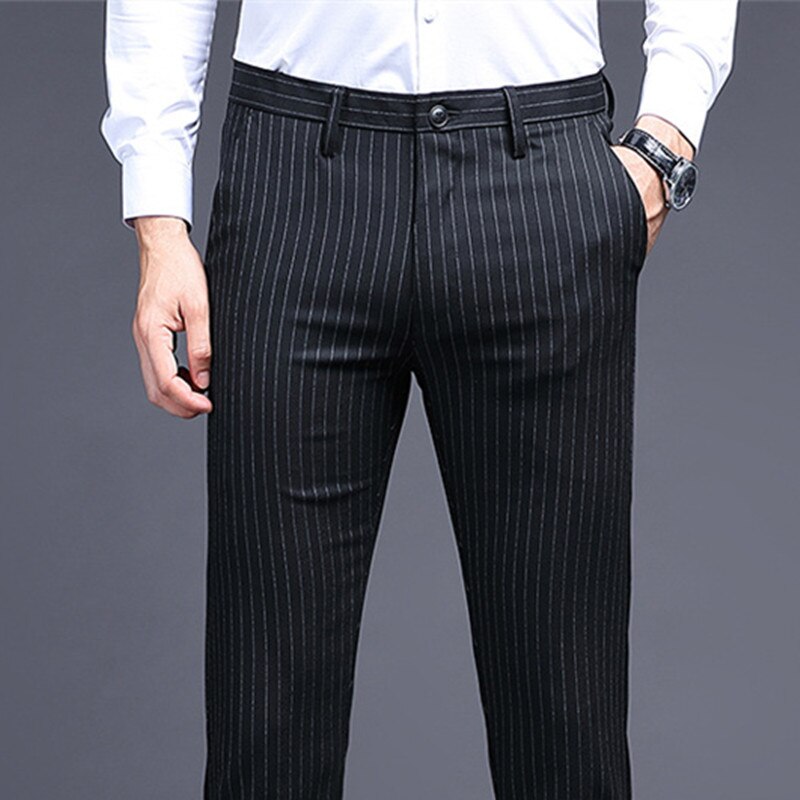 Zomer Gestreept Pak Broek Mannen Grijs Zwart Kleding Business Kantoor Korea Style Regular Fit Mode Jurk Broek Voor Mannen
