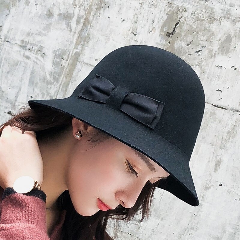 Kvinde hatte uld fedora hat britisk sløjfe uld filt kirke hatte dame bowler kasket til vinter efterår
