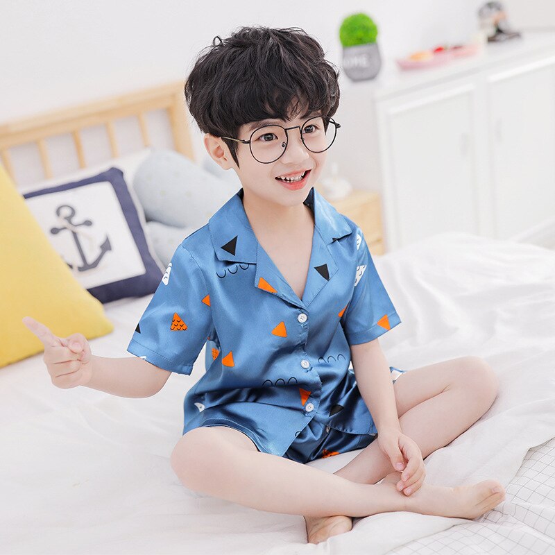Sommer drenge korte silke pyjamas sæt søde hjemme nattøj piger korte børn pyjamas pige top + bukser v-hals pige pyjamas sæt: X ht sanjiao xing / 160cm