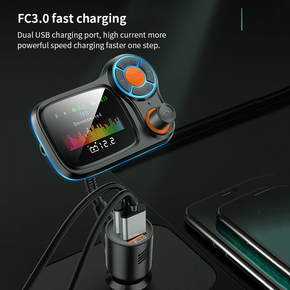 Wireless FM Transmitter Car Kit Hands Free Color Screen MP3 Player Fast Charge Quick Charge Bluetooth 5.0 LED High Music