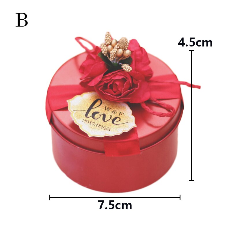 Golden Red Empty Tin Box Metal Tin Jars Wedding Candy Storage Boxes With Ribbon Flower Wedding Party Supplies: B