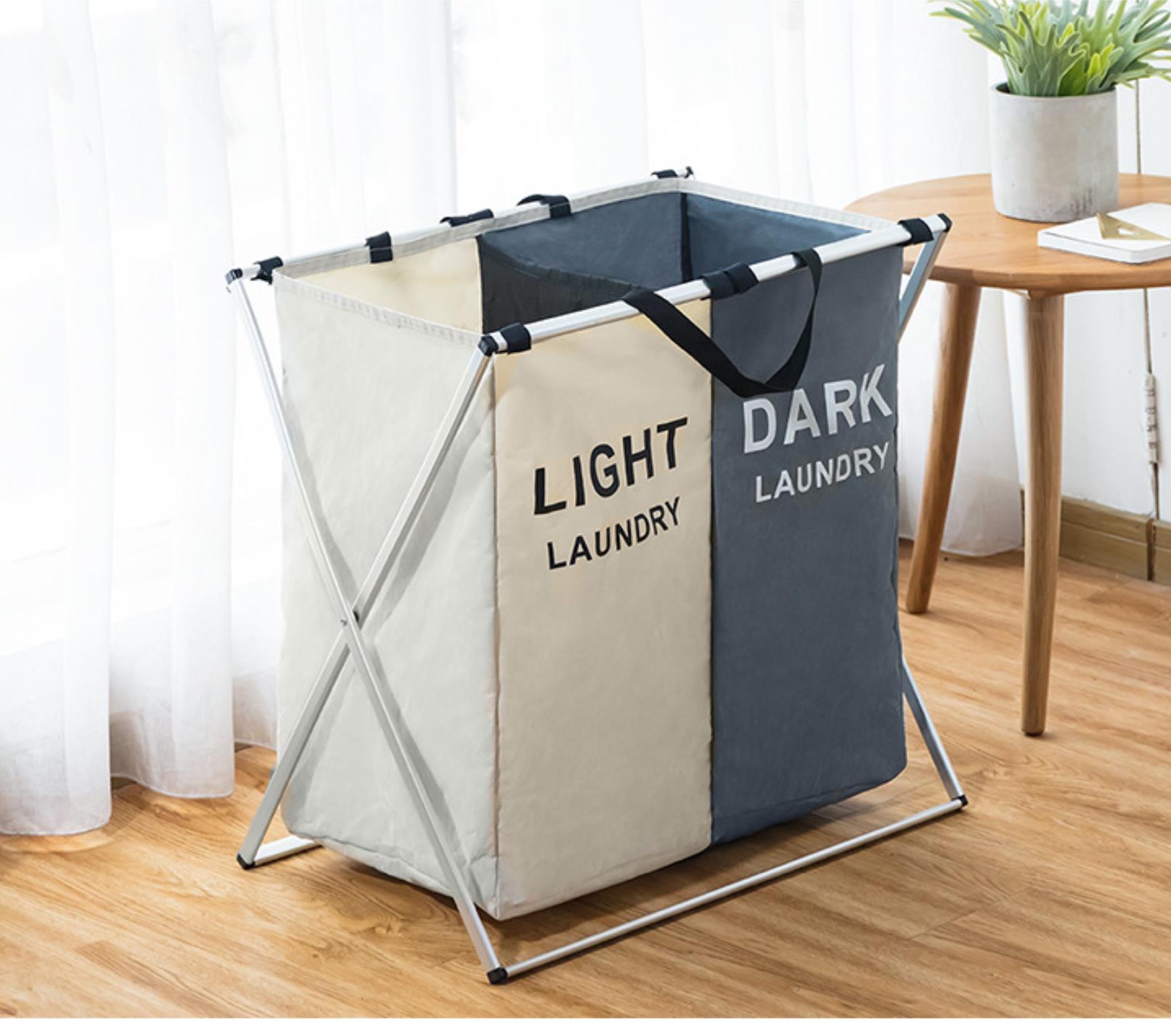 X-shape trois grille maison panier à linge trieur pliable panier à linge organisateur imprimé pliable panier à linge grand: white gray