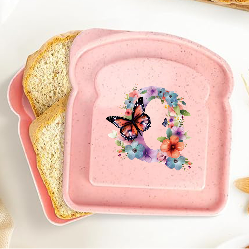 Caja de almacenamiento para tostadas y sándwiches con tapa, fiambrera portátil para alimentos, bolsa de almuerzo para pan, contenedor organizador Bento, patrón de letras de mariposa: Naranja