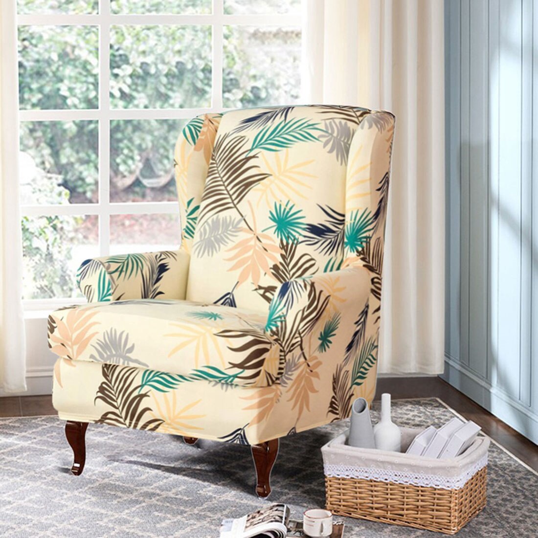 Sloping Arm Wing Back Chair Cover Stretch Wingback Armchair Cover 2 Piece Set Elastic Spandex Chair Slipcover for Home Decor: C wing back cover