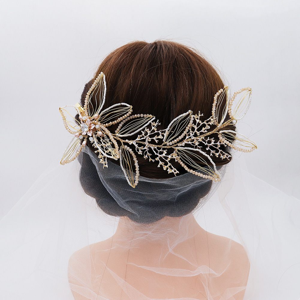 Set di gioielli per orecchini a fascia per fata coreana gioielli per diadema da sposa gioielli per capelli da sposa con copricapo di fiori di perle