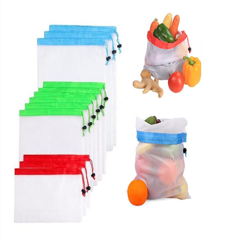 Herbruikbare mesh-productentassen, eco-superieure dubbel gestikte stoffen trekkoord mesh-tas voor het winkelen voor fruit, groenten en reizen