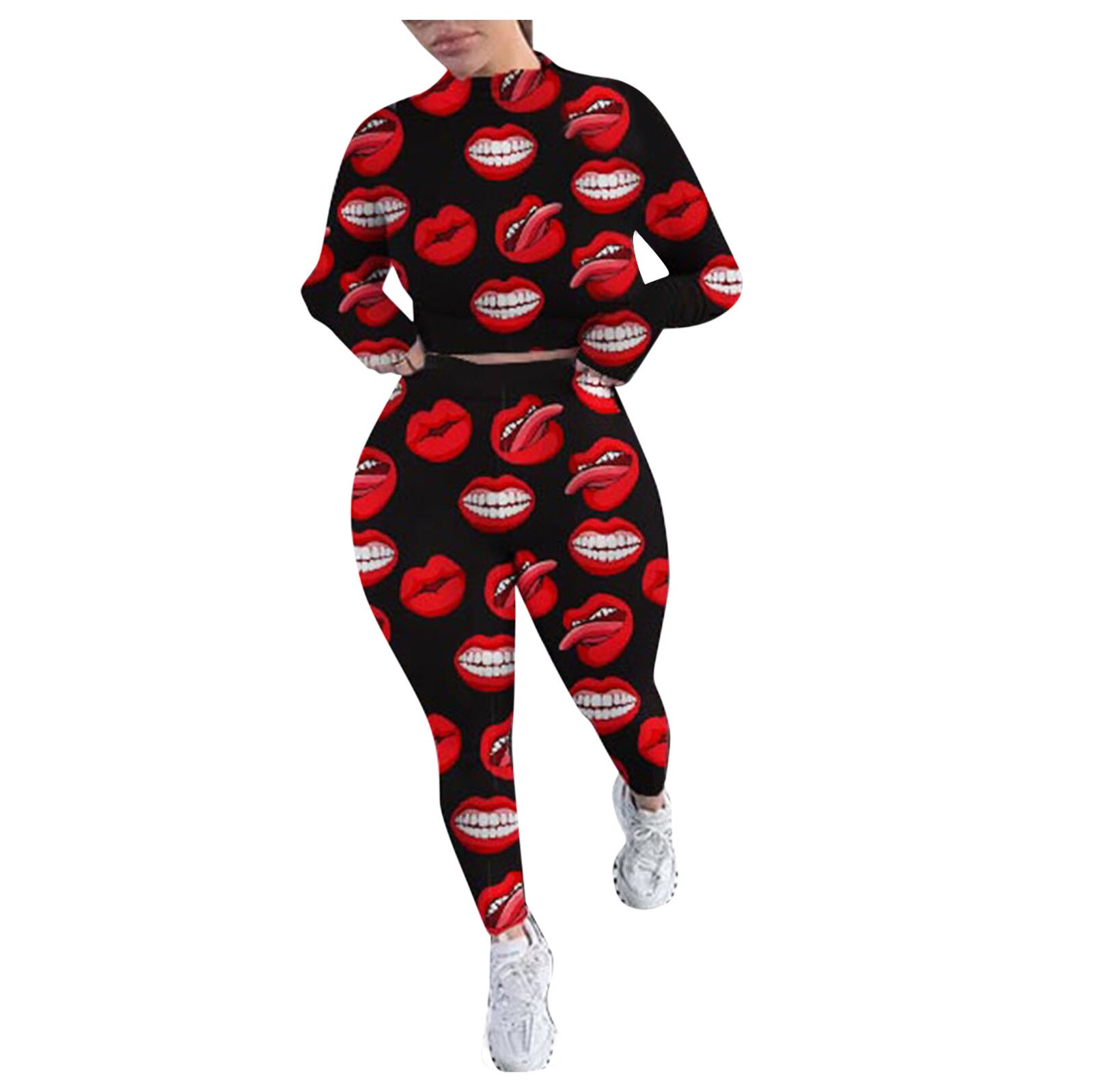 40# Full Lips Print Tracksuit Ladies Two Piece Set Women Sexy Suit Set Top Pants Sports Jogging Suit Outfits Pant Sets