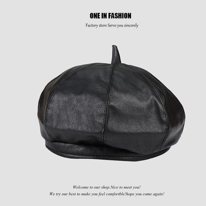 Vintage Women Beret Solid Beret Cap Pu Leather Beret French Artist Warm Beanie Pumpkin Hat Female Ladies All-Match Adjustable: Black
