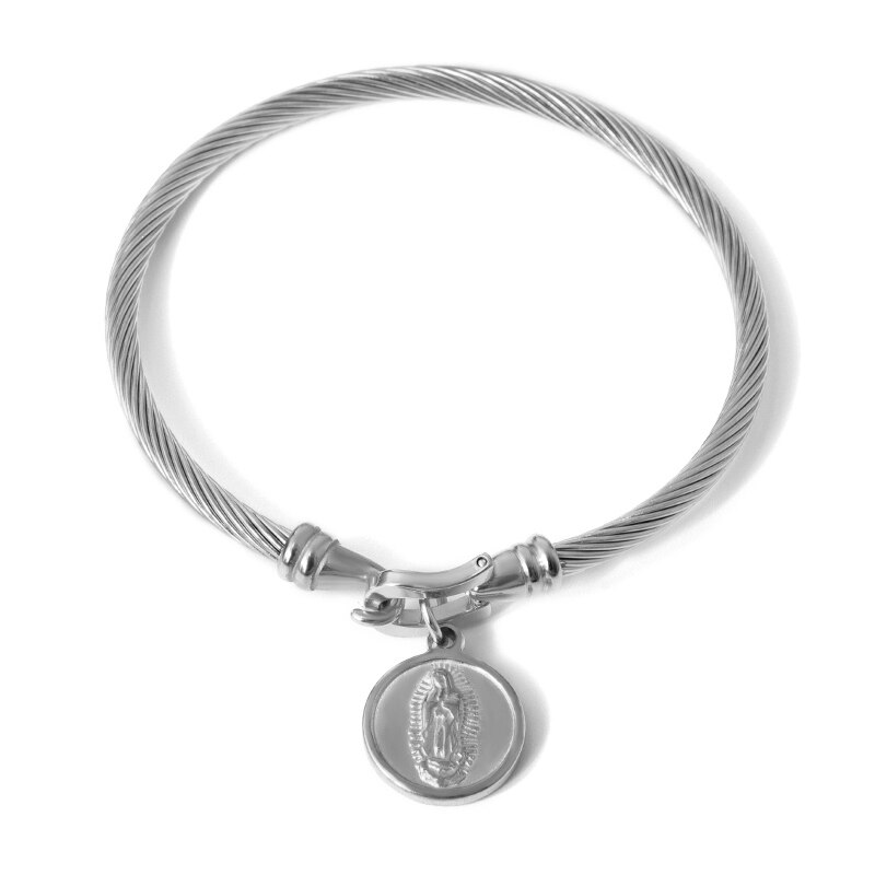 Stainless Steel Cable Wire Bracelets for Women Key Heart Virgin Mary Lock Round Tag Charm Bracelets & Bangle Gold Jewelry: style3 silver