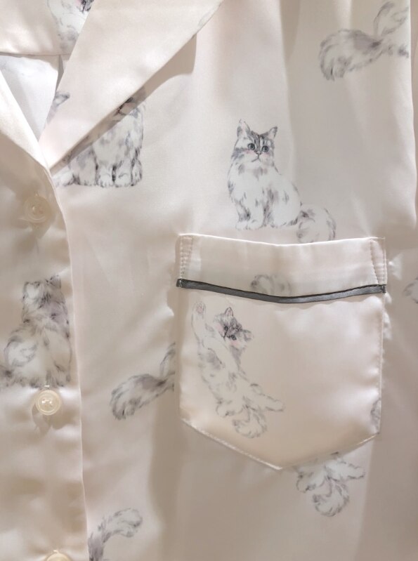 Japan gp katt tryck silke pyjamas nattkläder hemkläder