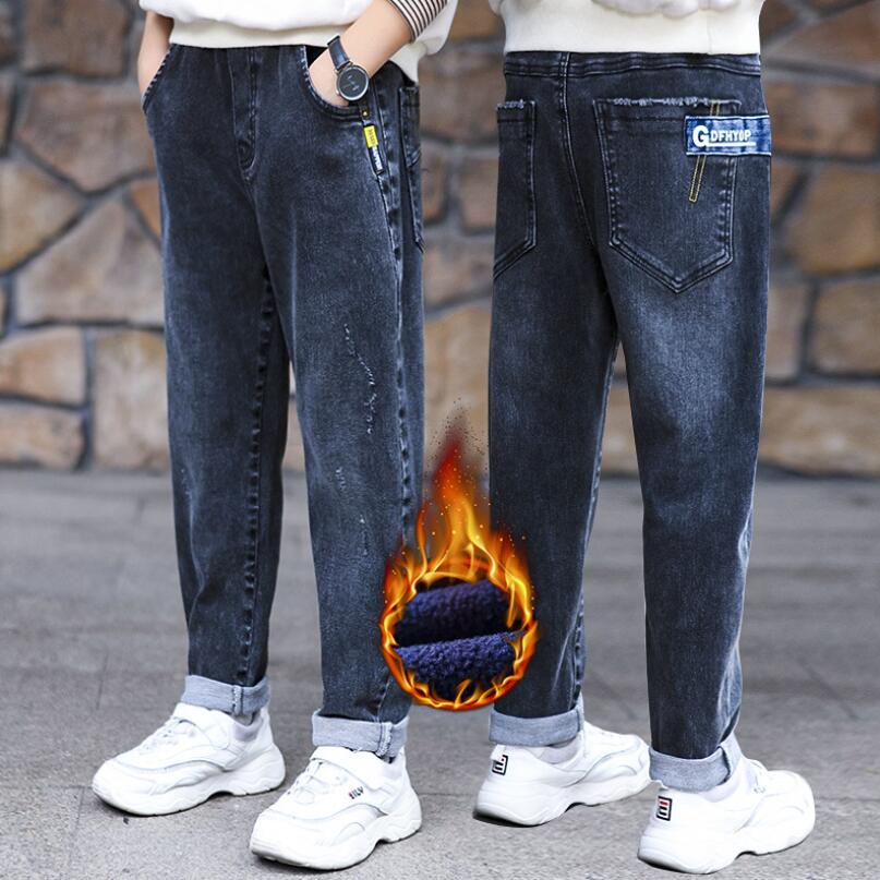 Boys Jeans 4-16Y Winter Thicken Fleece Lining Teenage Warm Pants Denim Loose Elastic Trousers Children Outfit School Wear Cloth
