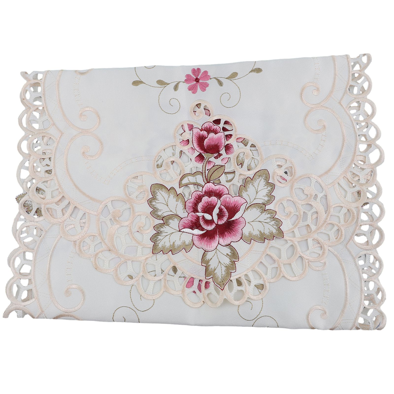 1 Stuks 16x33 Inch Wit Ovale Satijnen Stof Kant Tafelkleed Kleedje Geborduurde Bloemen Kleine Tafelkleed Home Decor placemat