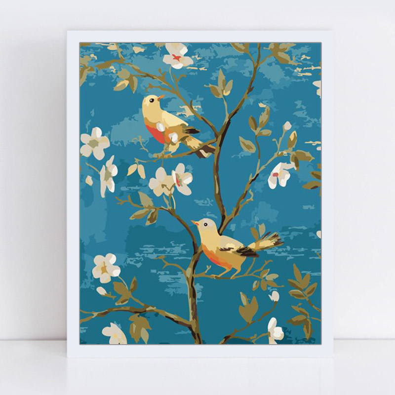 Peinture par numéros art peinture par numéro annonciation oiseaux paysage oiseaux et fleurs deux oiseaux peintures par numéros sur toile: 3527 / 40x50cm No frame