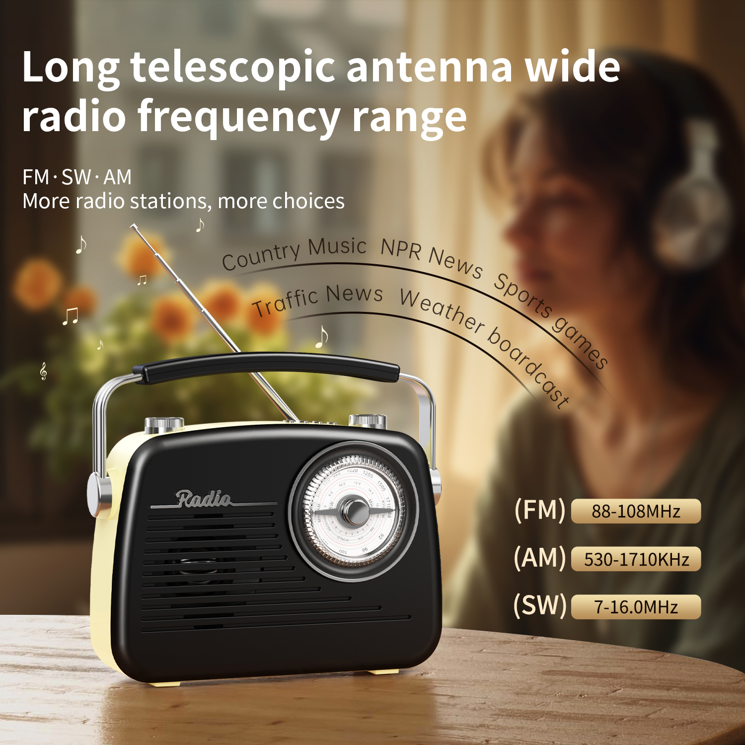 Portable multi-function radio AM/FM/SW multi-band, USB charging, TF card playback, with antenna, with the best reception, easy t